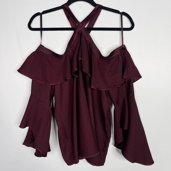 New LOFT M Burgundy Red Ruffle Off The Shoulder Halter Blouse Top Bell Sleeve - Picture 1 of 13